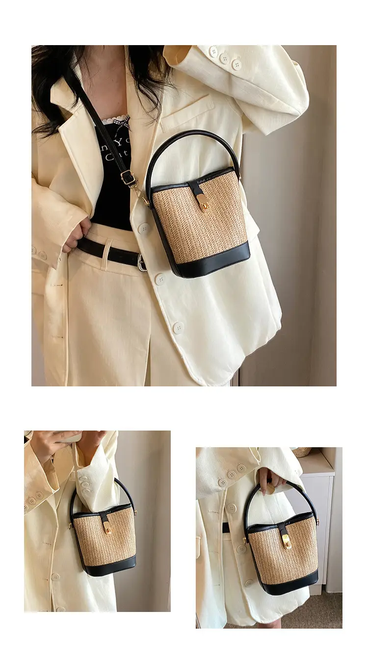 Women's Textured Woven Shoulder Bag Black Beige — feature 7