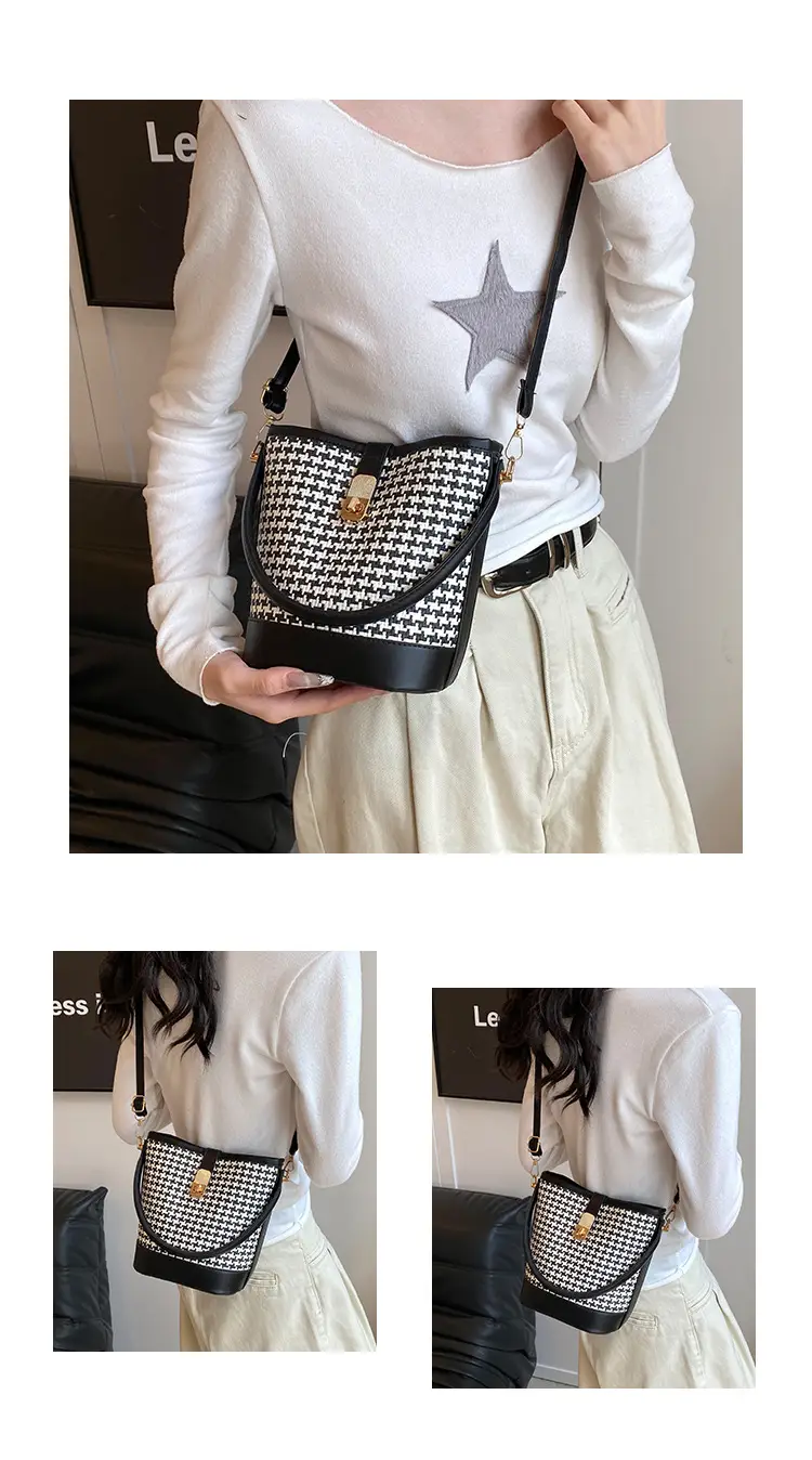 Women's Textured Woven Shoulder Bag Black Beige — feature 9