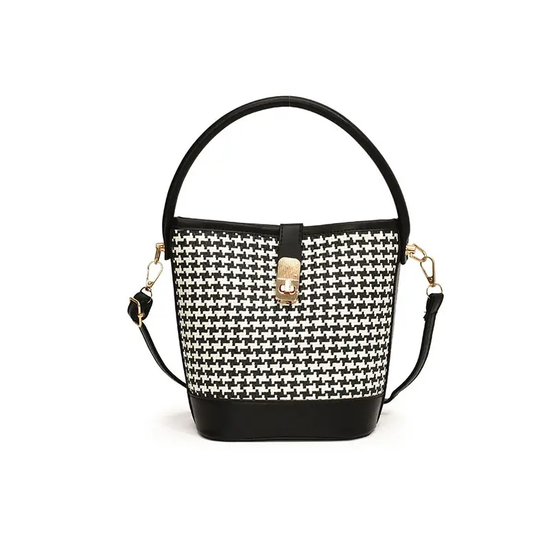 Women's Textured Woven Shoulder Bag Black Beige - Image 4