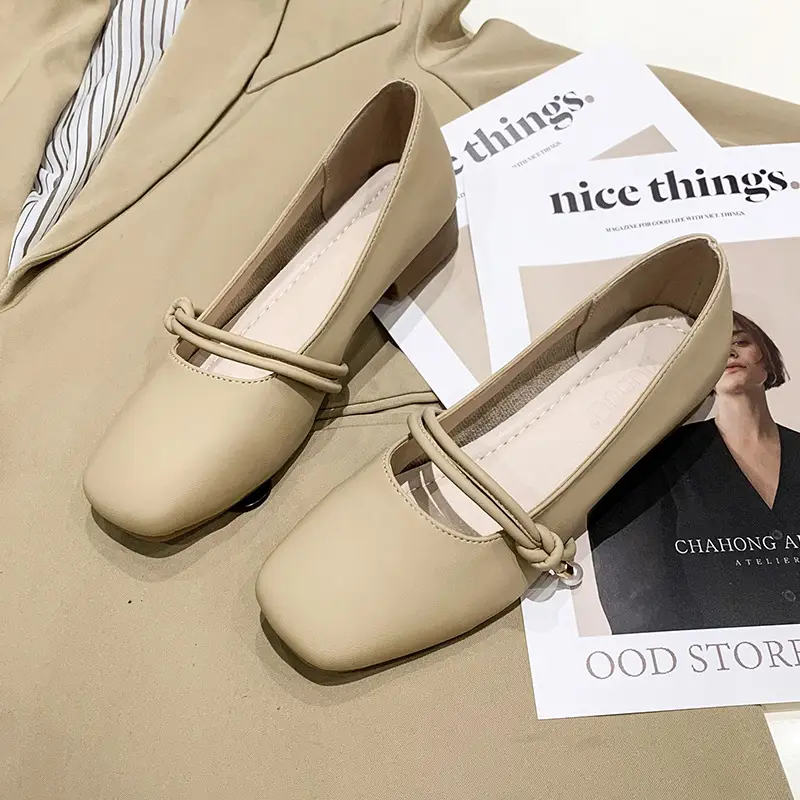 Women's Square-Toed Flat Mary Jane Shoes Beige 2024