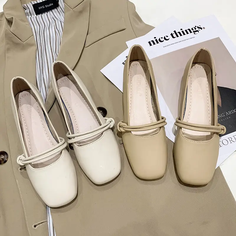 Women's Square-Toed Flat Mary Jane Shoes Beige 2024
