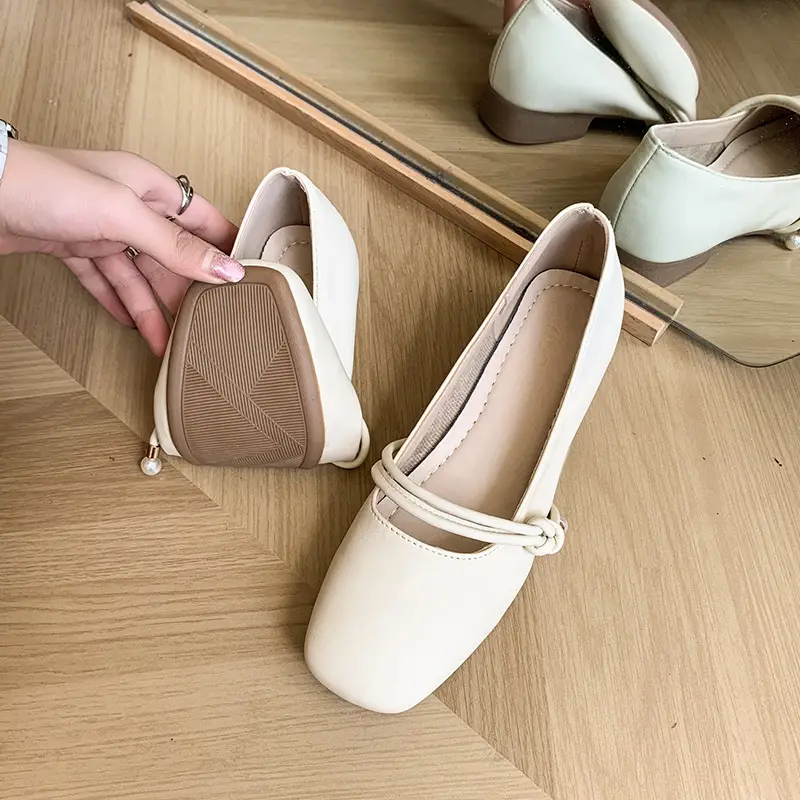 Women's Square-Toed Flat Mary Jane Shoes Beige 2024