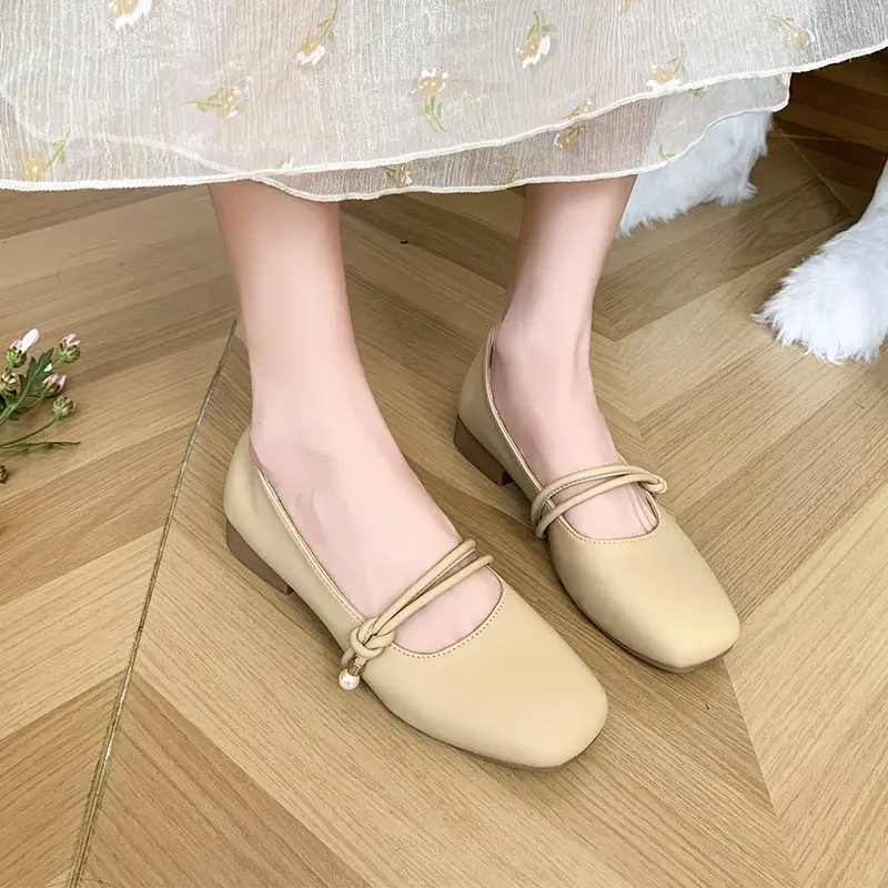Women's Square-Toed Flat Mary Jane Shoes Beige 2024