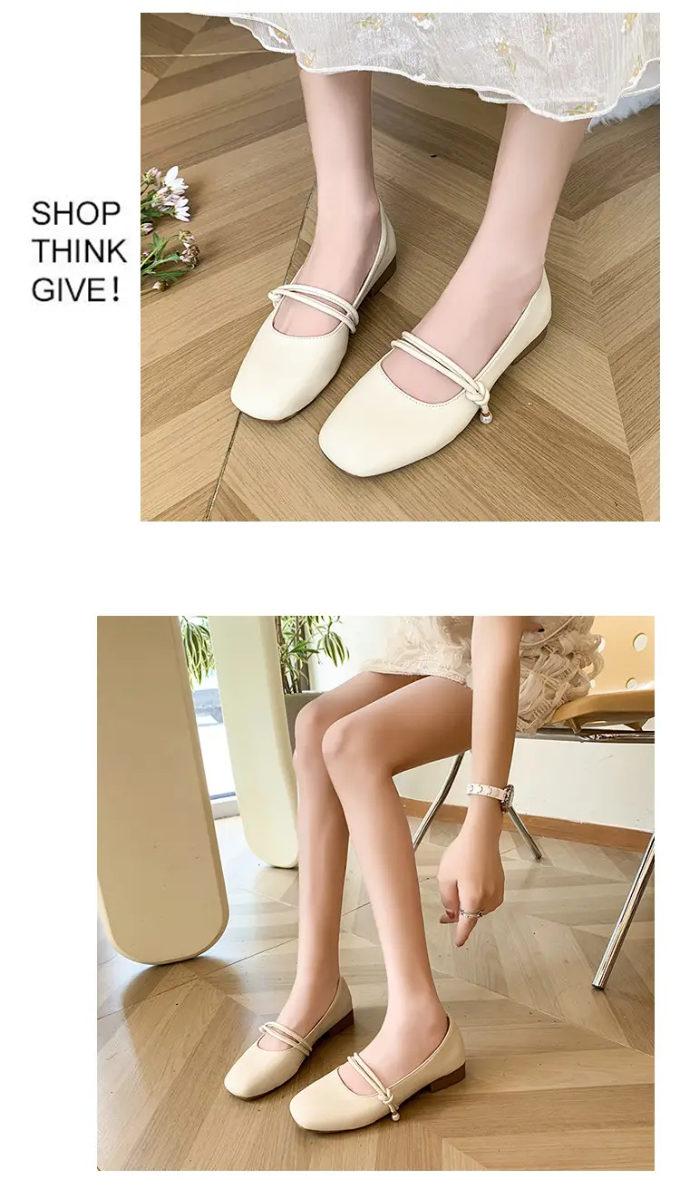 Women's Square-Toed Flat Mary Jane Shoes Beige 2024 — feature 12