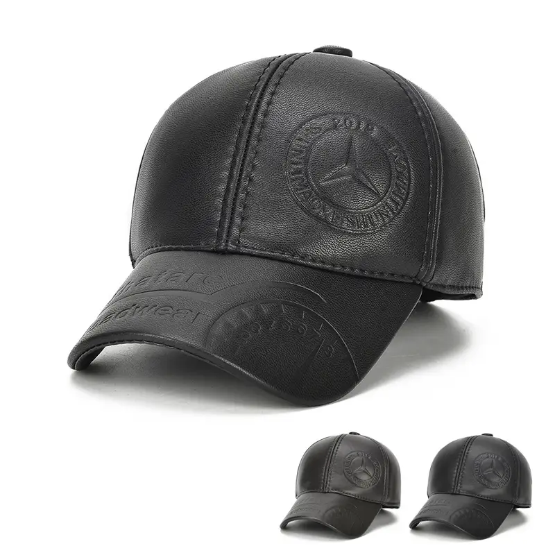 New Men's Black Leather Baseball Cap Winter Warm Ear Protection - Image 5