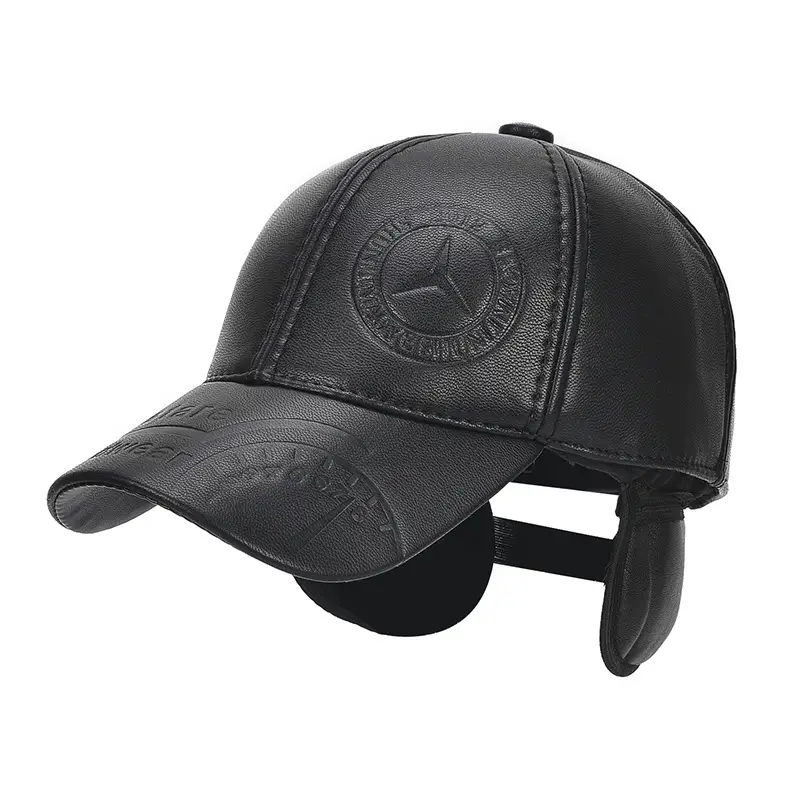 New Men's Black Leather Baseball Cap Winter Warm Ear Protection - Image 9