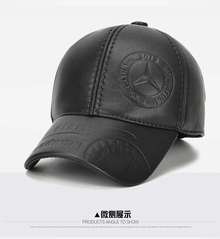 New Men's Black Leather Baseball Cap Winter Warm Ear Protection — feature 10