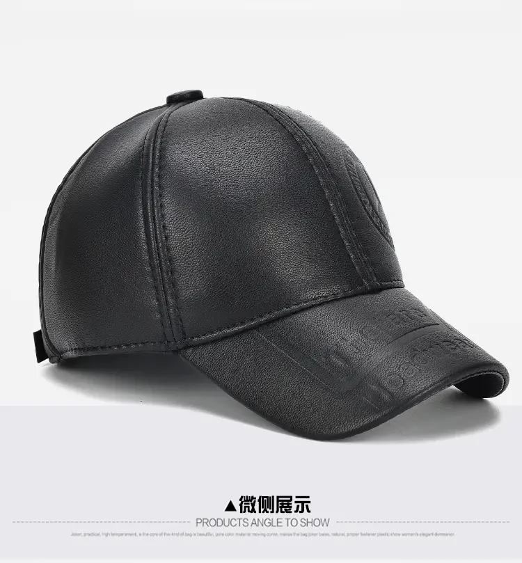 New Men's Black Leather Baseball Cap Winter Warm Ear Protection — feature 11