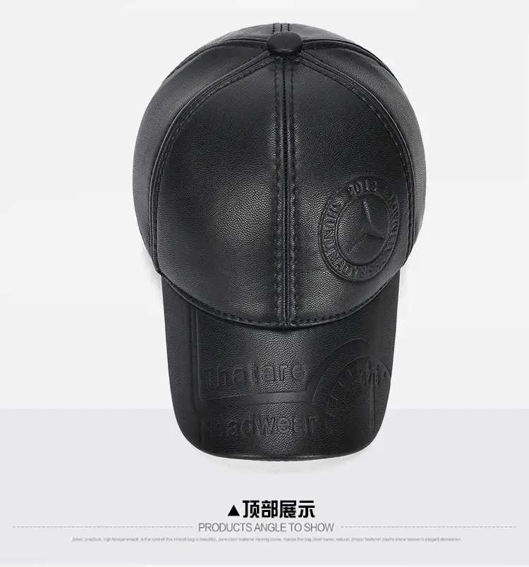 New Men's Black Leather Baseball Cap Winter Warm Ear Protection — feature 15