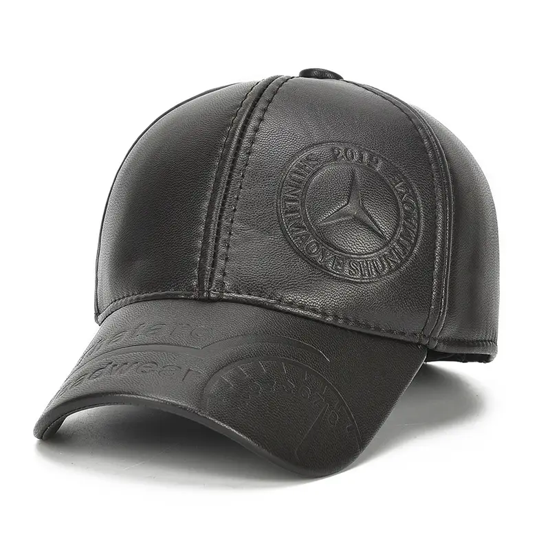 New Men's Black Leather Baseball Cap Winter Warm Ear Protection - Image 2