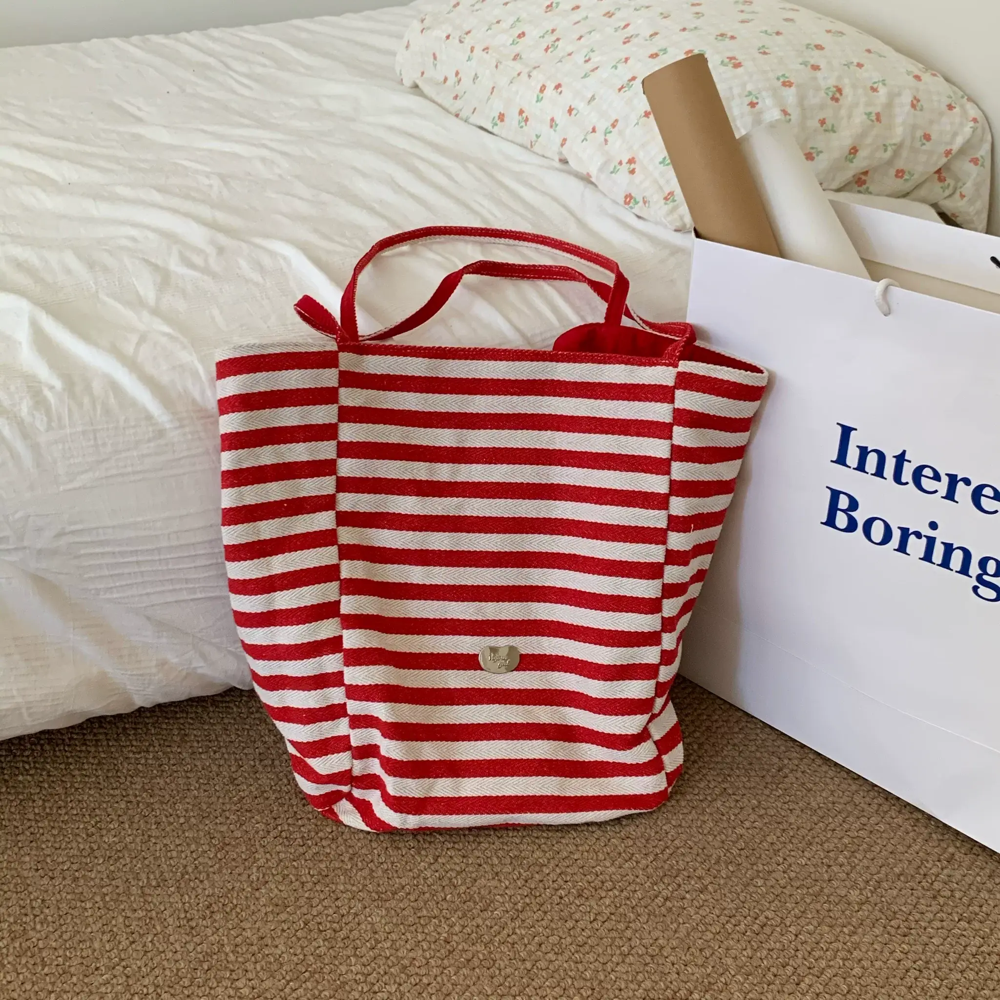 Red Striped Korean Style Ins Tote Bag Large Capacity — feature 6