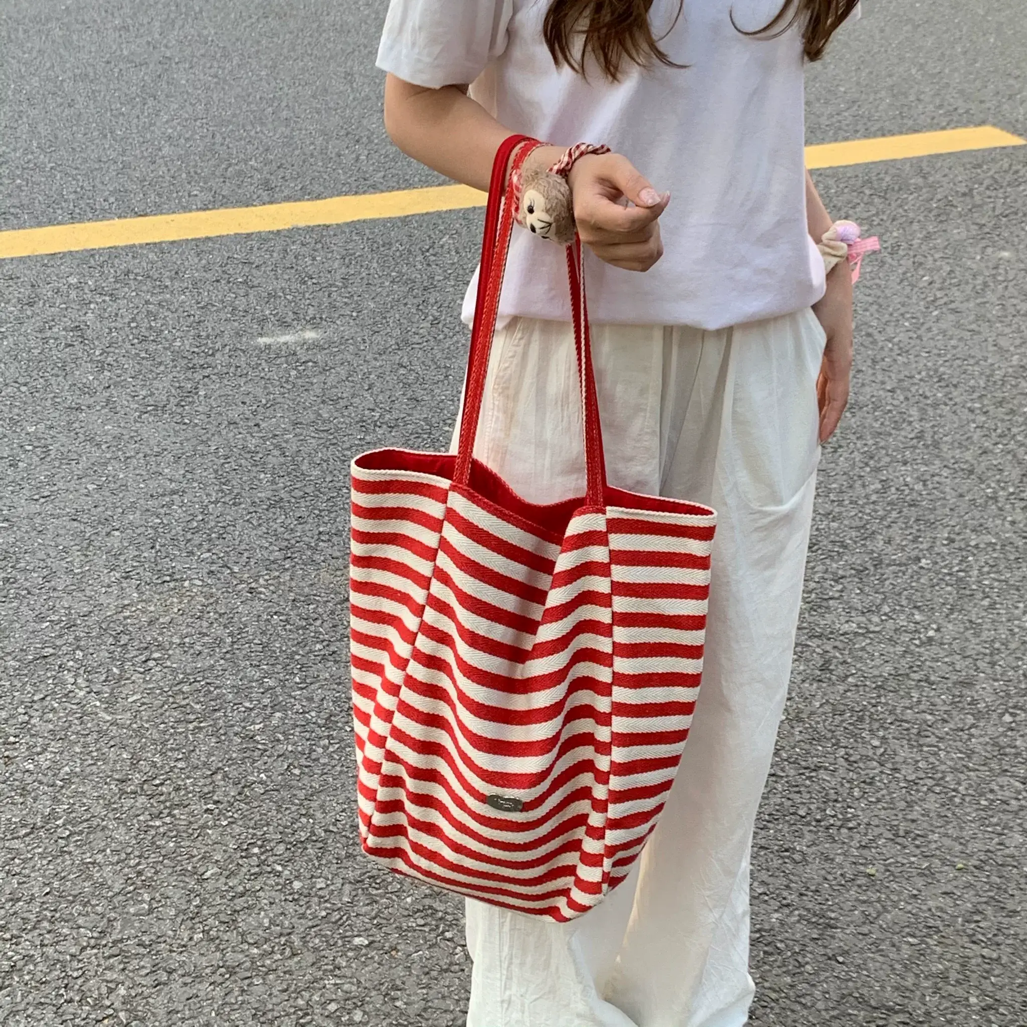 Red Striped Korean Style Ins Tote Bag Large Capacity — feature 9