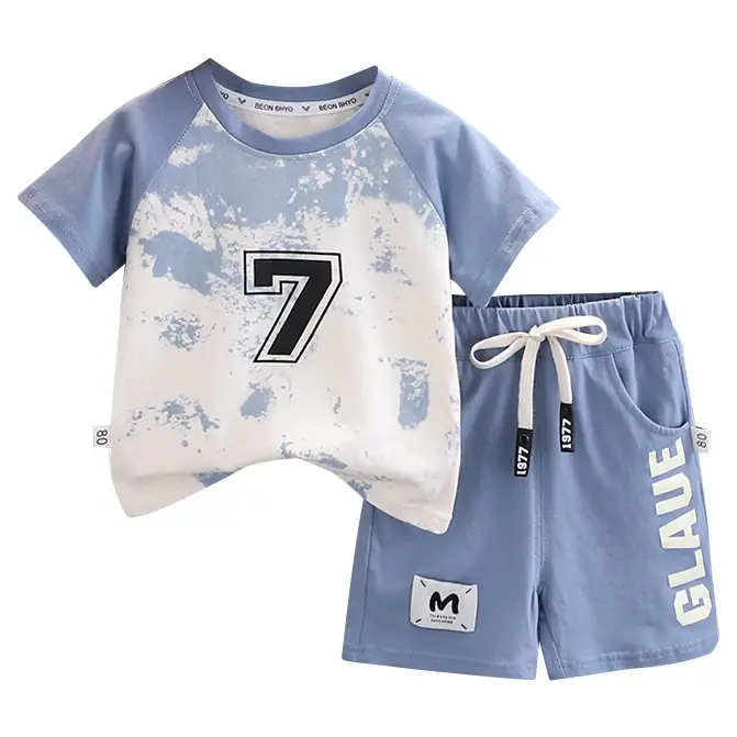 Children Cotton Printed T-Shirt Shorts Set Blue Green Summer - Image 7
