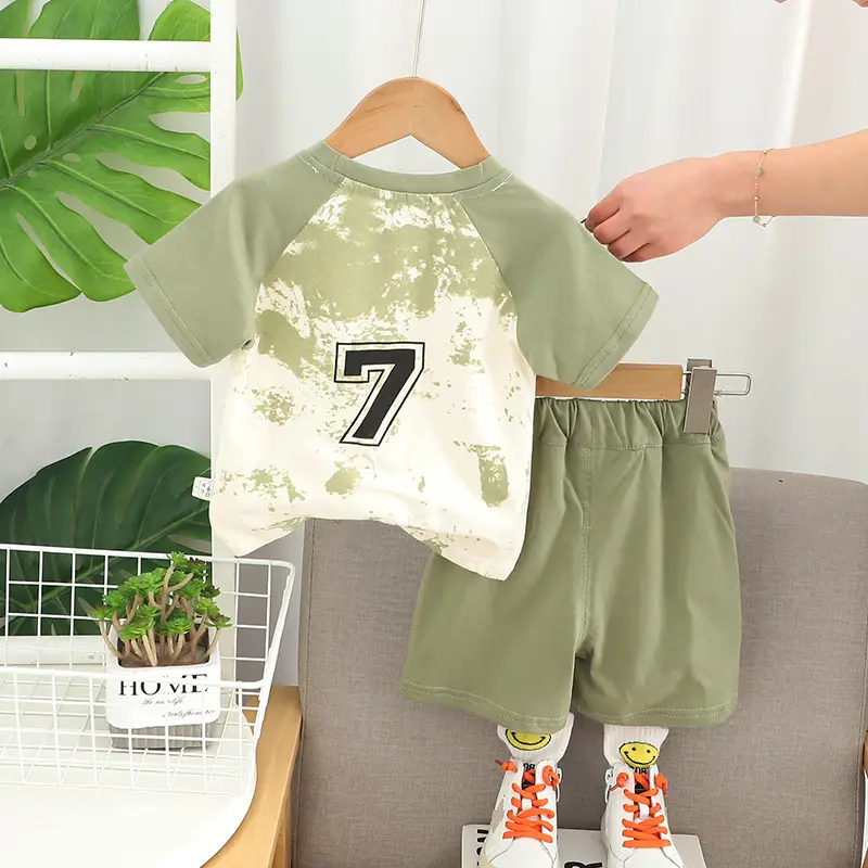 Children Cotton Printed T-Shirt Shorts Set Blue Green Summer — feature 2