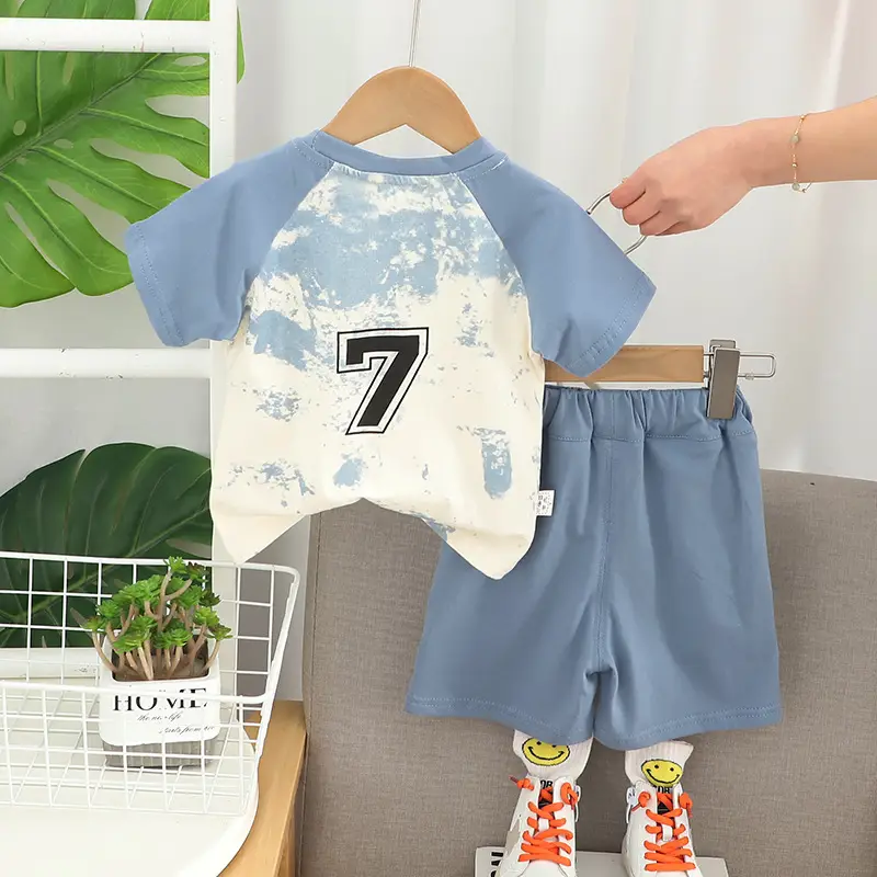 Children Cotton Printed T-Shirt Shorts Set Blue Green Summer — feature 3