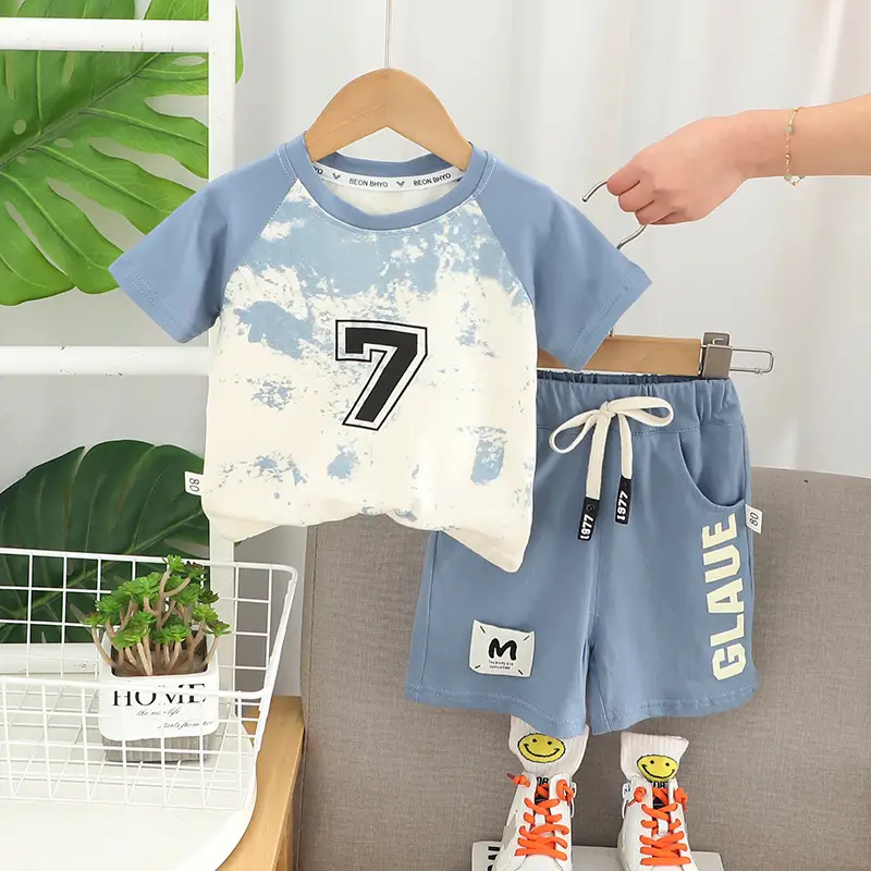 Children Cotton Printed T-Shirt Shorts Set Blue Green Summer — feature 4