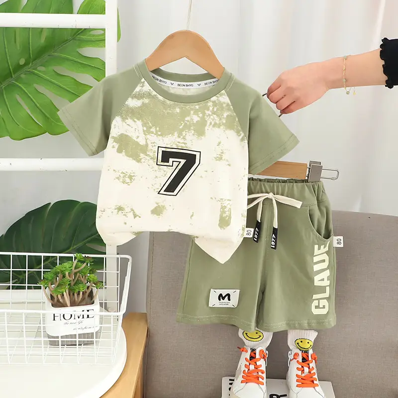Children Cotton Printed T-Shirt Shorts Set Blue Green Summer - Image 2