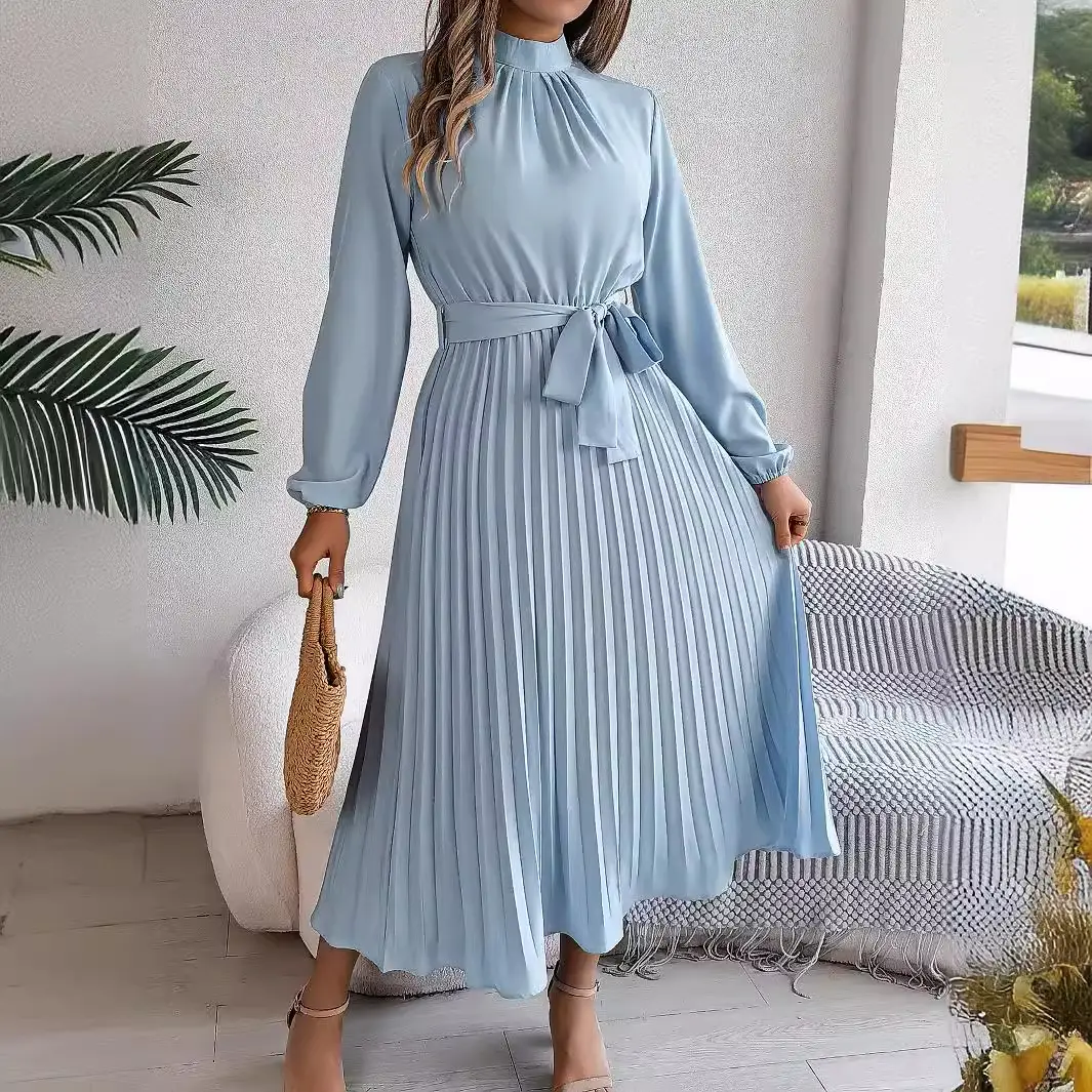 2026 European and American Autumn and Winter Elegant Stand-Collar Long-Sleeve Waist-Cinching Pleated Long Dress Cocktail Dress Amazon Cross-Border Women's Clothing