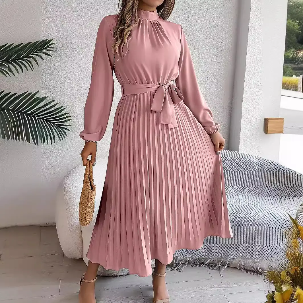 2026 European and American Autumn and Winter Elegant Stand-Collar Long-Sleeve Waist-Cinching Pleated Long Dress Cocktail Dress Amazon Cross-Border Women's Clothing