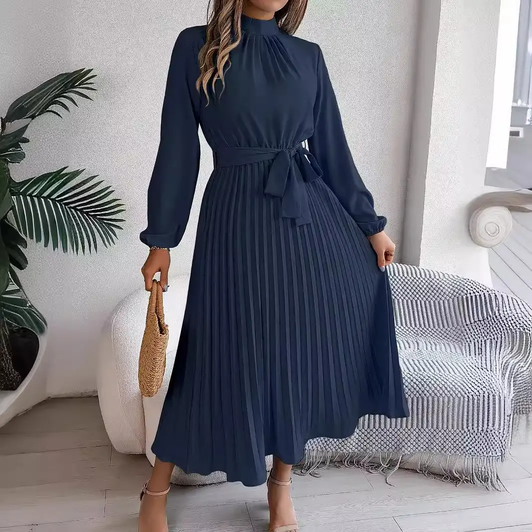 2026 European and American Autumn and Winter Elegant Stand-Collar Long-Sleeve Waist-Cinching Pleated Long Dress Cocktail Dress Amazon Cross-Border Women's Clothing