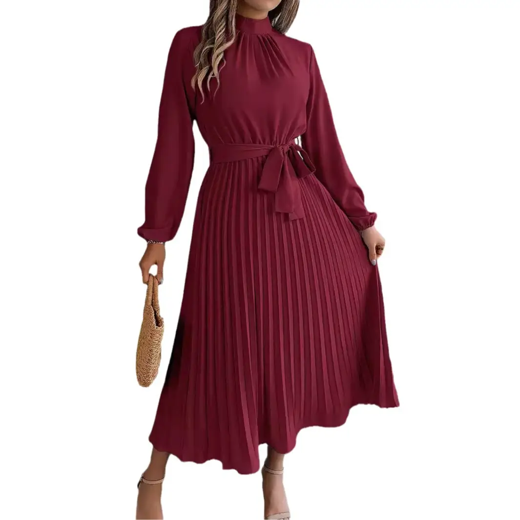 2026 European and American Autumn and Winter Elegant Stand-Collar Long-Sleeve Waist-Cinching Pleated Long Dress Cocktail Dress Amazon Cross-Border Women's Clothing