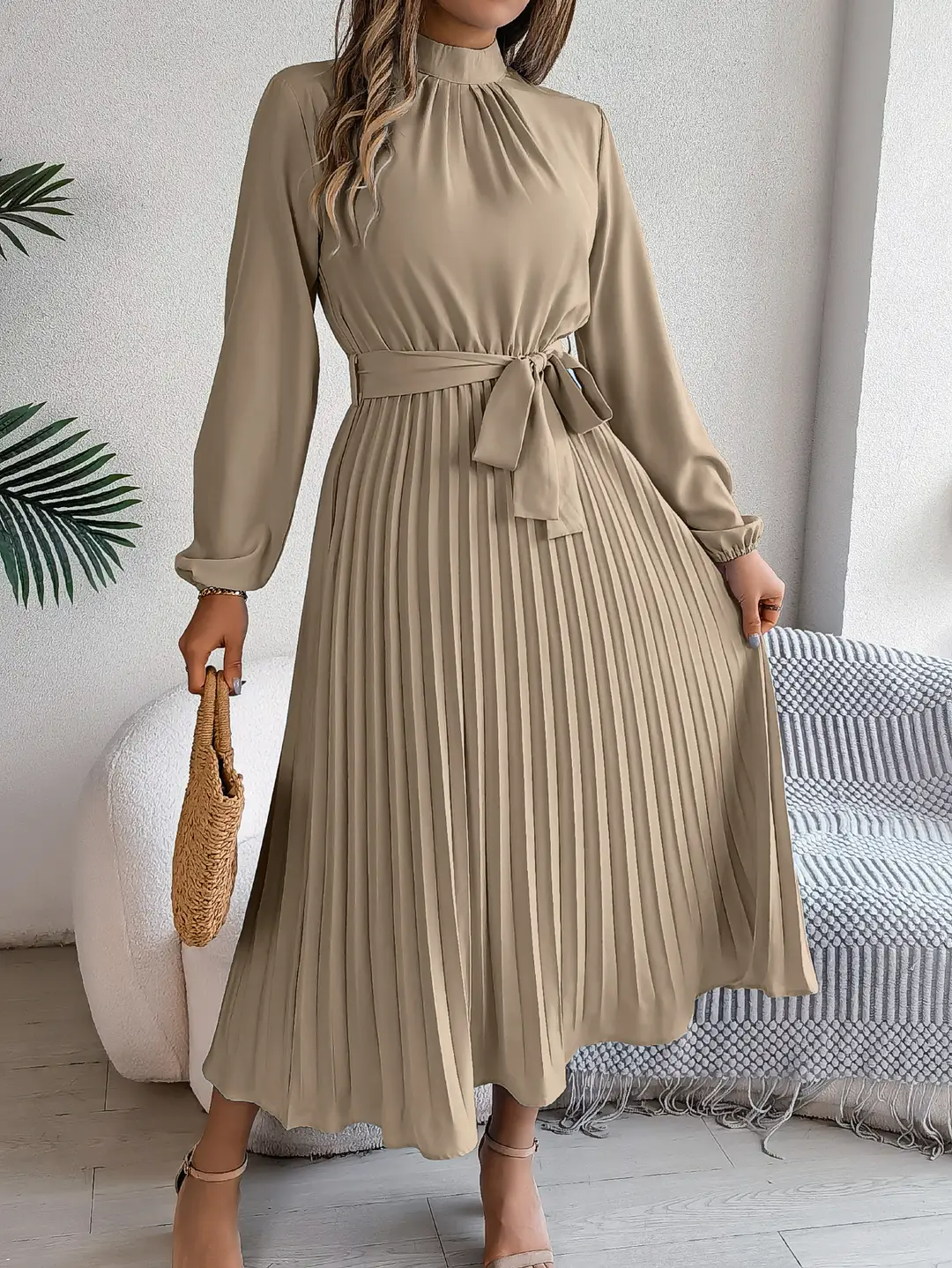2026 European and American Autumn and Winter Elegant Stand-Collar Long-Sleeve Waist-Cinching Pleated Long Dress Cocktail Dress Amazon Cross-Border Women's Clothing