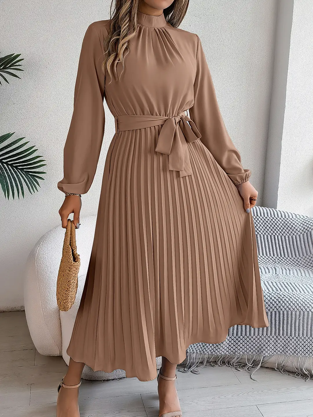 2026 European and American Autumn and Winter Elegant Stand-Collar Long-Sleeve Waist-Cinching Pleated Long Dress Cocktail Dress Amazon Cross-Border Women's Clothing