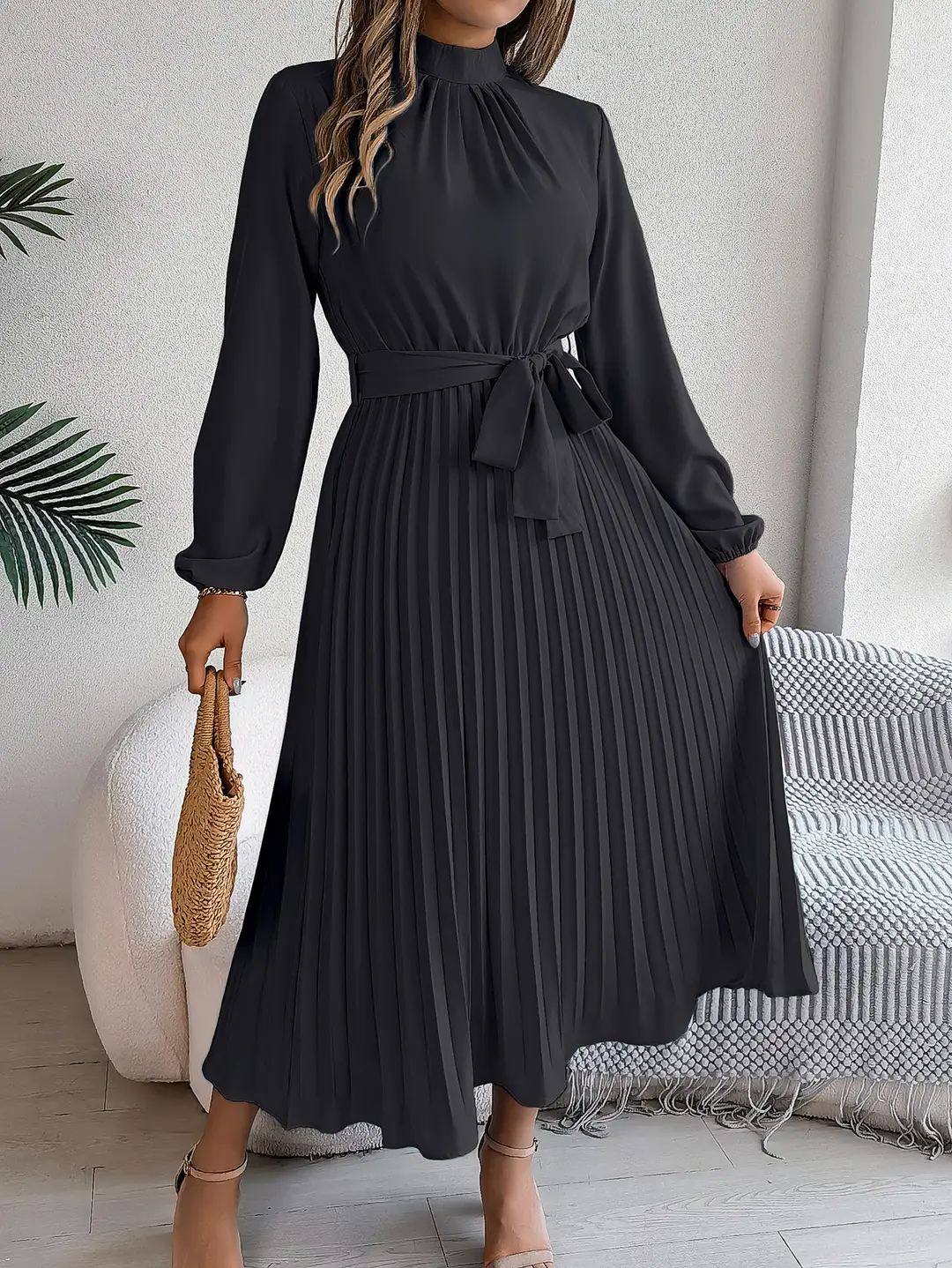 2026 European and American Autumn and Winter Elegant Stand-Collar Long-Sleeve Waist-Cinching Pleated Long Dress Cocktail Dress Amazon Cross-Border Women's Clothing
