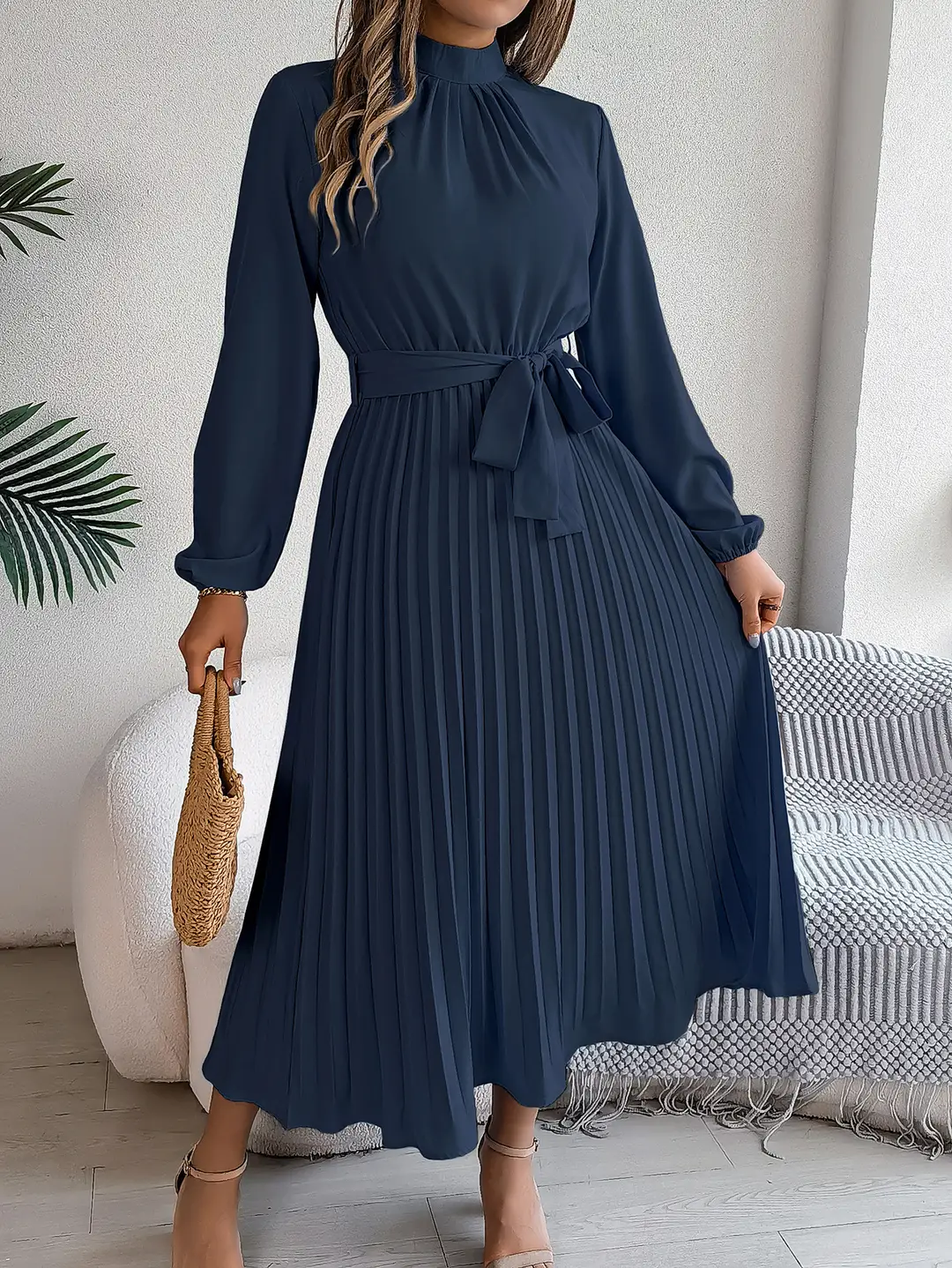 2026 European and American Autumn and Winter Elegant Stand-Collar Long-Sleeve Waist-Cinching Pleated Long Dress Cocktail Dress Amazon Cross-Border Women's Clothing