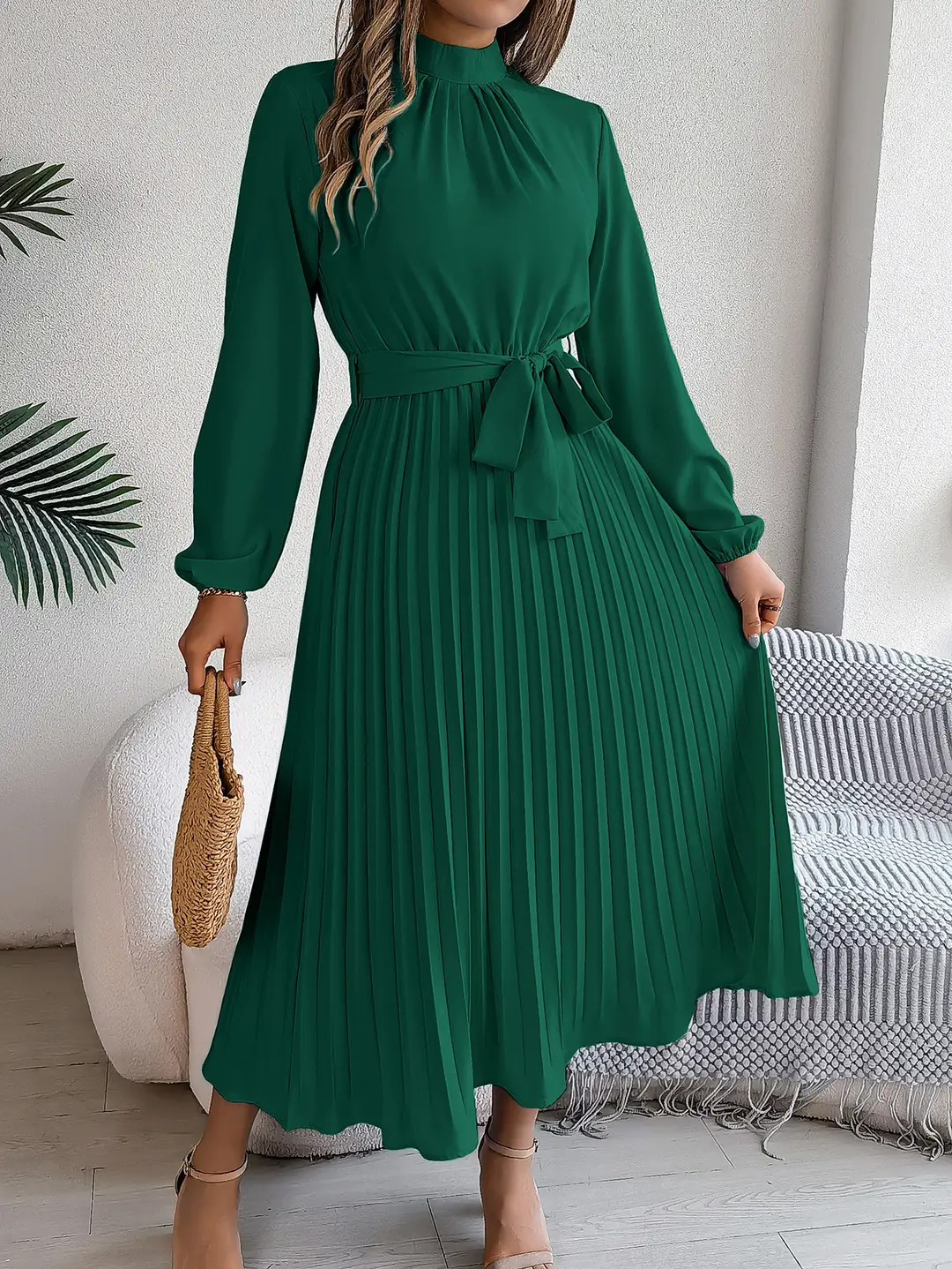 2026 European and American Autumn and Winter Elegant Stand-Collar Long-Sleeve Waist-Cinching Pleated Long Dress Cocktail Dress Amazon Cross-Border Women's Clothing