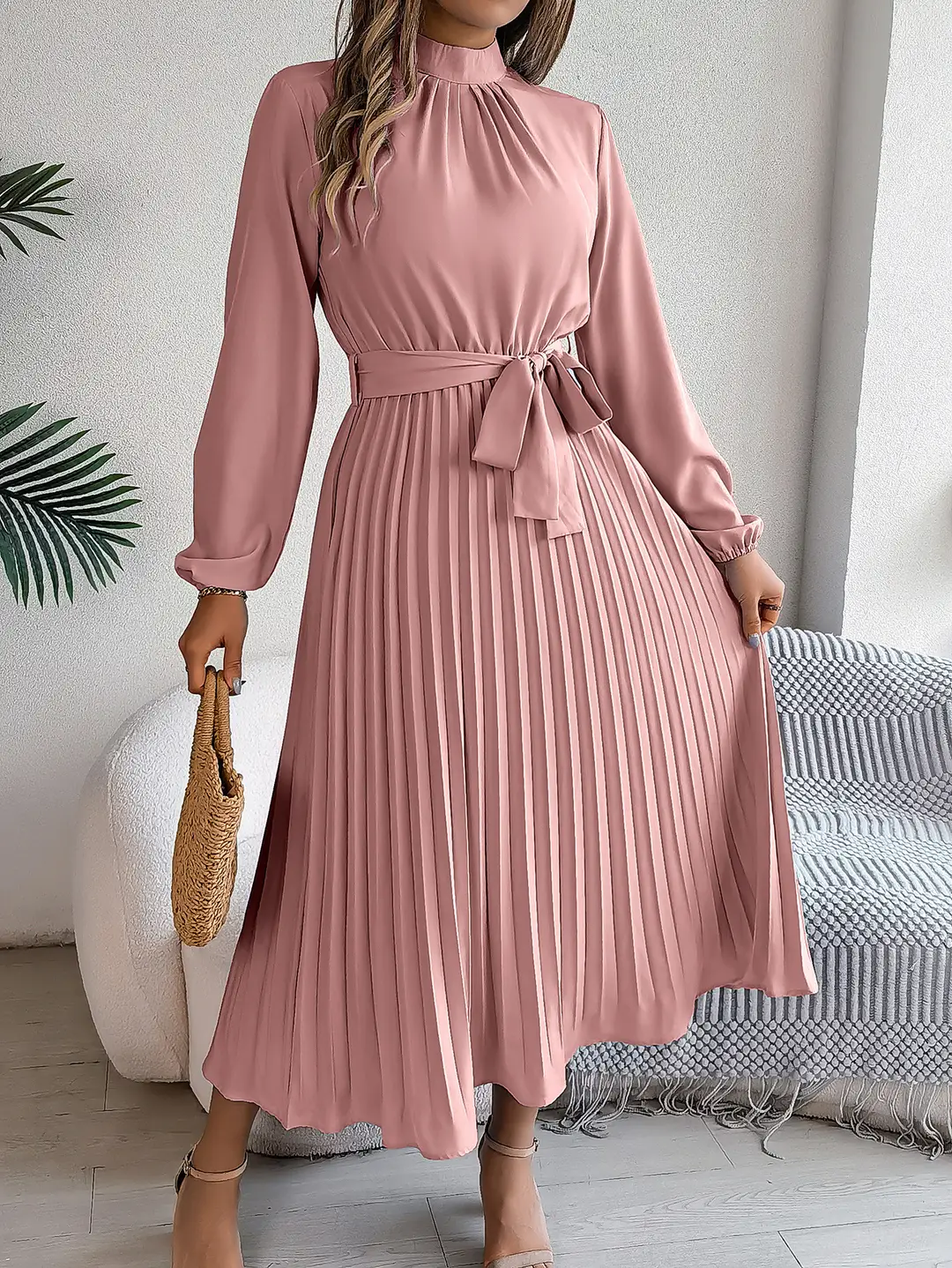 2026 European and American Autumn and Winter Elegant Stand-Collar Long-Sleeve Waist-Cinching Pleated Long Dress Cocktail Dress Amazon Cross-Border Women's Clothing