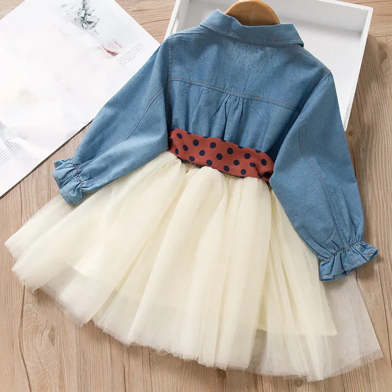 2024 Korean Girls Denim Tulle Skirt Dress Blue Polka Dot Bow - Image 5