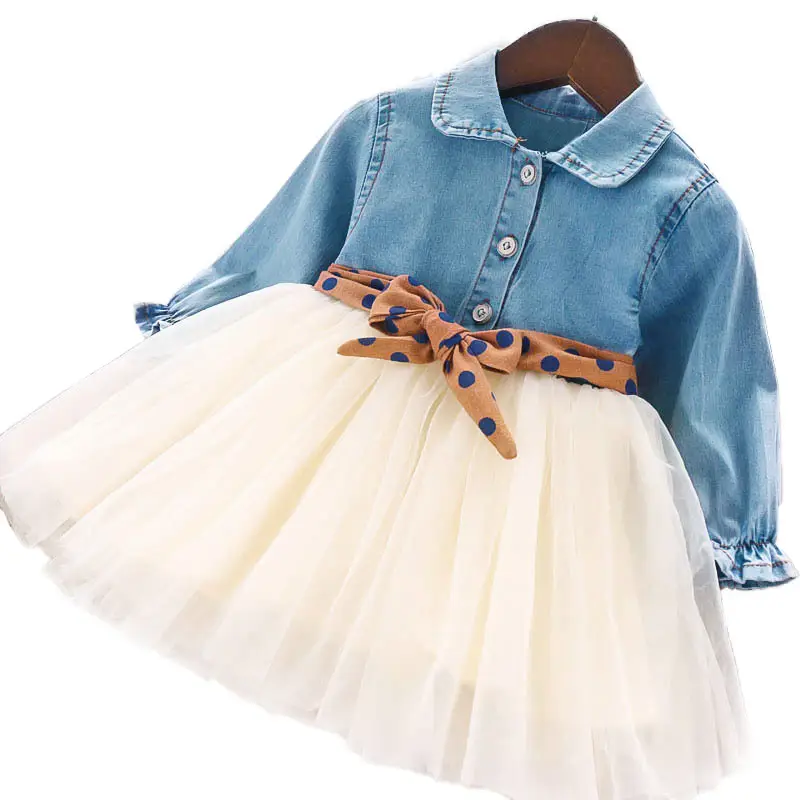 2024 Korean Girls Denim Tulle Skirt Dress Blue Polka Dot Bow - Image 6