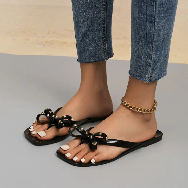 Flip-flops Women's Outwear 2025 Summer New Square Toe Beach Shoes Bow Flip-flops Flat Sandals - Image 2