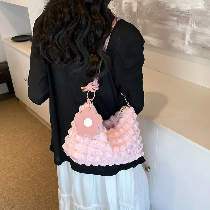 Pink Bubble Pleated Shoulder Bag for Women - Image 11