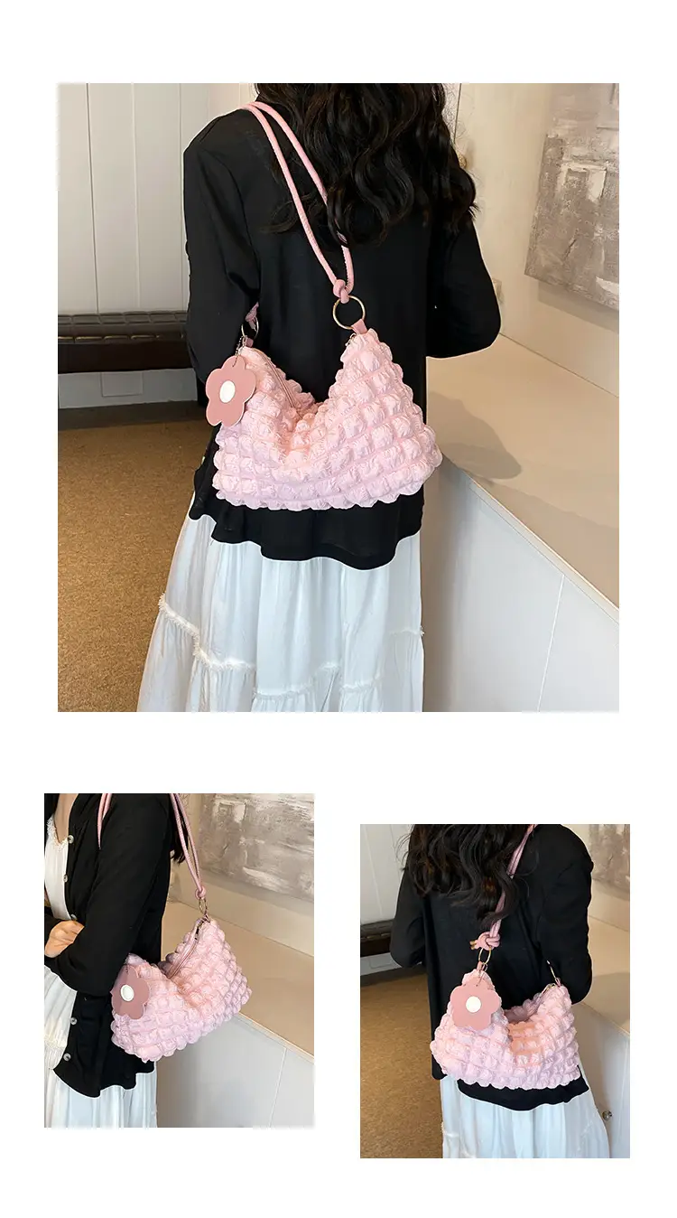 Pink Bubble Pleated Shoulder Bag for Women — feature 12
