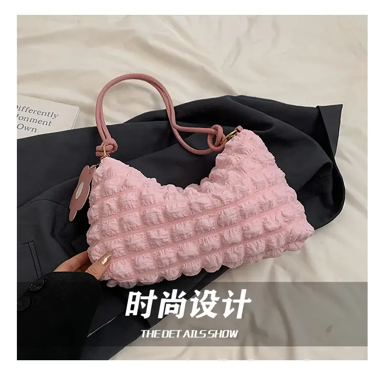 Pink Bubble Pleated Shoulder Bag for Women — feature 16