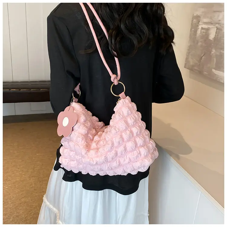 Pink Bubble Pleated Shoulder Bag for Women — feature 19