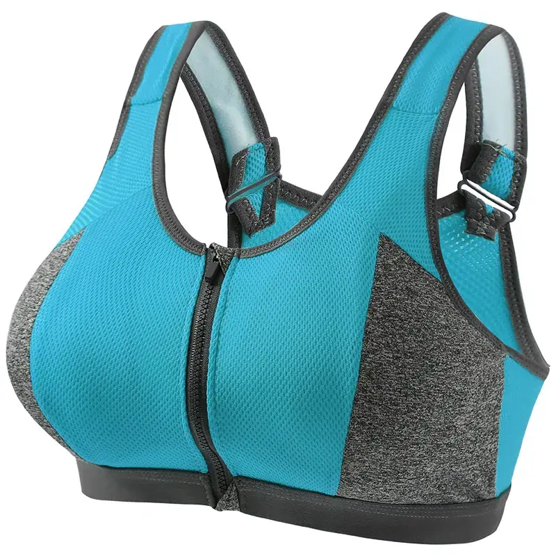 Front Zipper Yoga Vest Sports Bra Blue Grey - Image 2