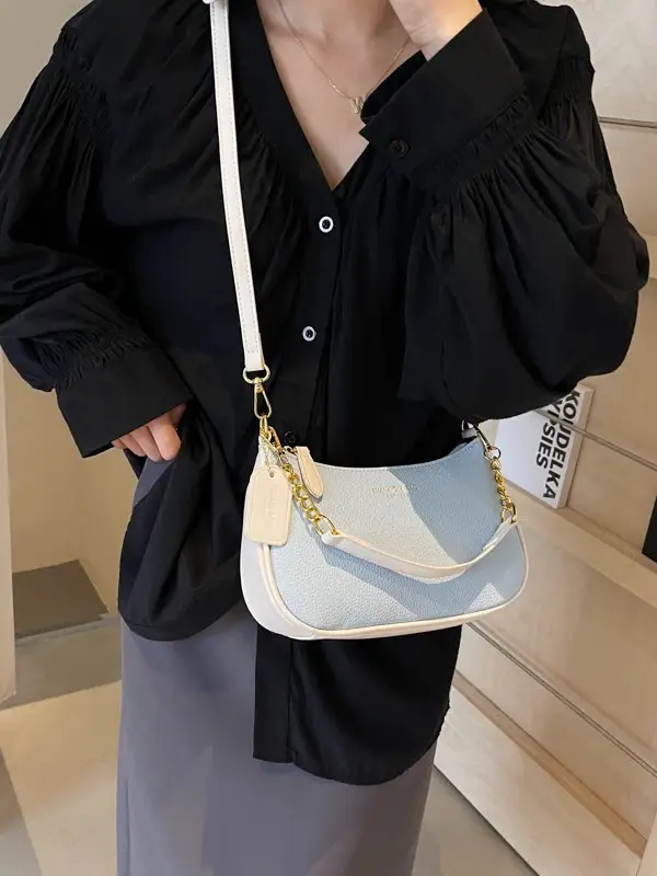 Women's One-shoulder Textured Shoulder Bag Blue Beige