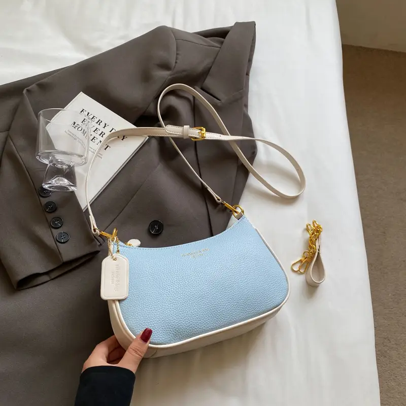 Women's One-shoulder Textured Shoulder Bag Blue Beige