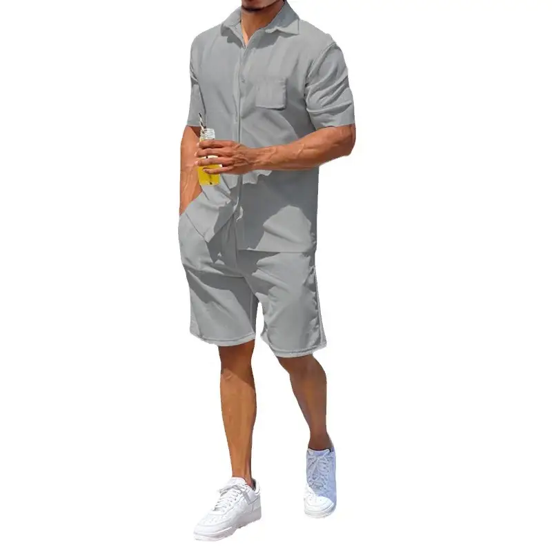 Men Grey Short Sleeve Shorts Suit Summer Wear - Image 10