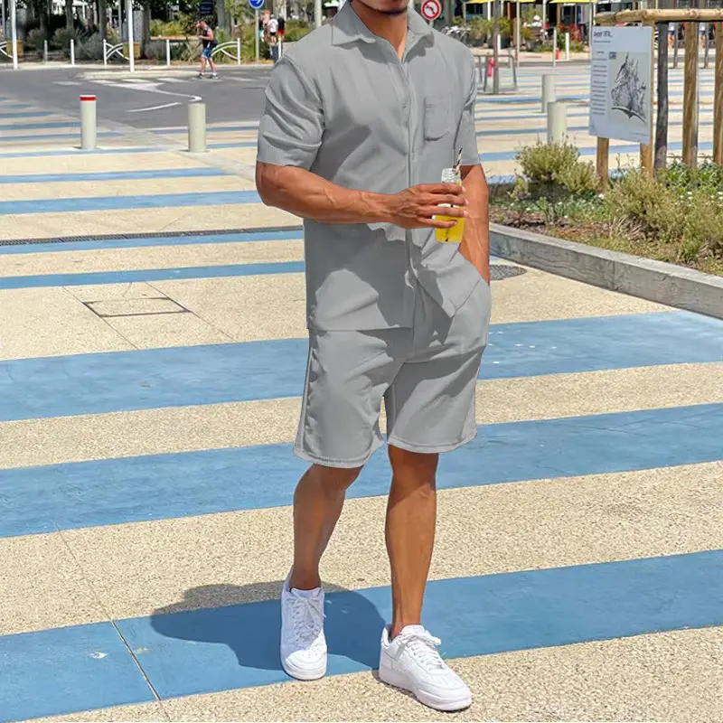 Men Grey Short Sleeve Shorts Suit Summer Wear — feature 16