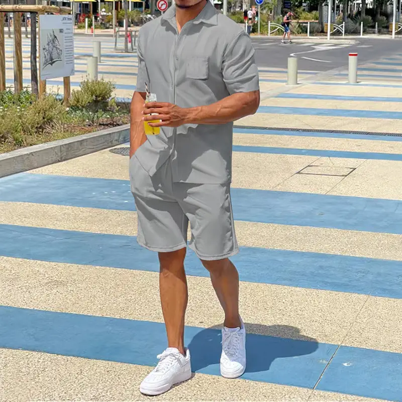 Men Grey Short Sleeve Shorts Suit Summer Wear — feature 17