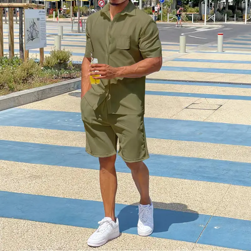 Men Grey Short Sleeve Shorts Suit Summer Wear - Image 2