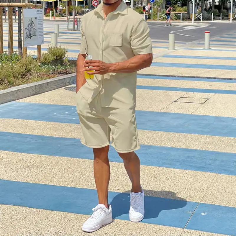 Men Grey Short Sleeve Shorts Suit Summer Wear - Image 3
