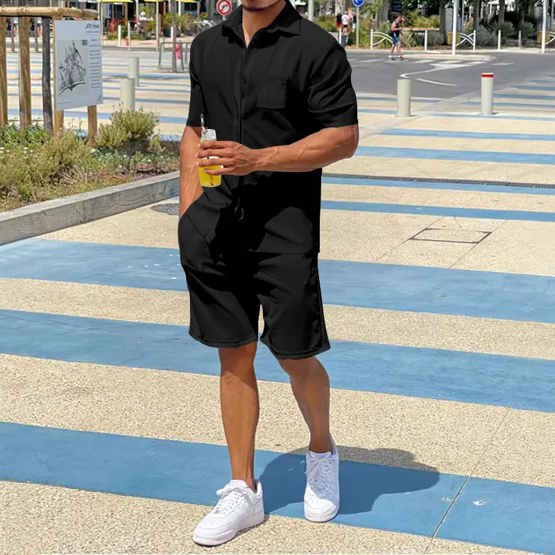 Men Grey Short Sleeve Shorts Suit Summer Wear - Image 4