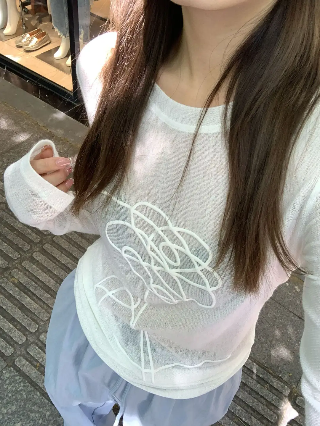 Three-dimensional Foam Printed Micro-transparent Long-sleeved T-shirt Women's Summer All-match Breathable Design Sense Slim-fit Sunscreen Top