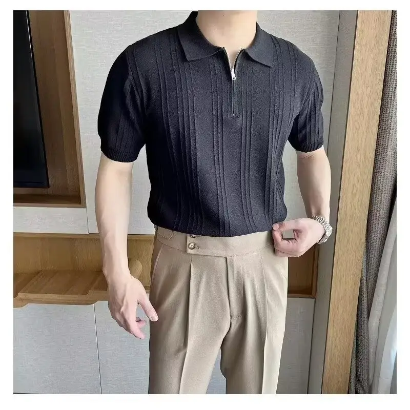 Men's Black Striped Polo Shirt Slim Fit Summer - Image 12