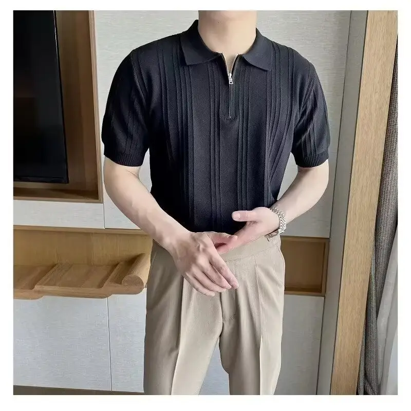Men's Black Striped Polo Shirt Slim Fit Summer - Image 14